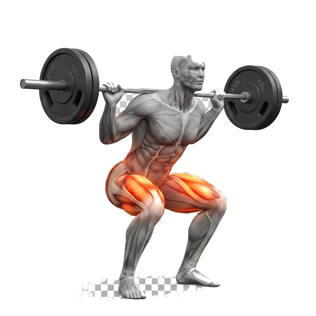 Low-bar back squat anatomy diagram.